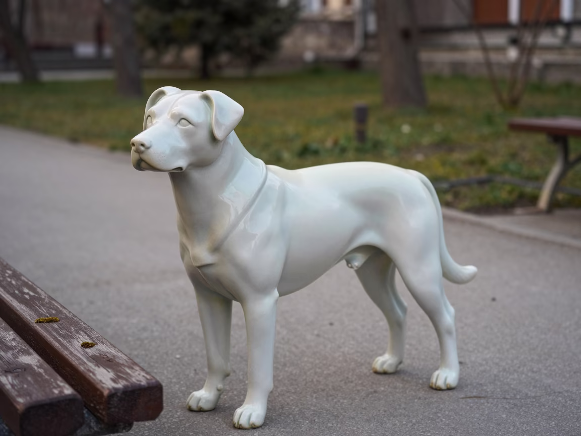 Porcelaine Dog on Kastamonu Garden Path Morning Light in near a garden edge with soft morning light and an uncluttered background in Kastamonu
