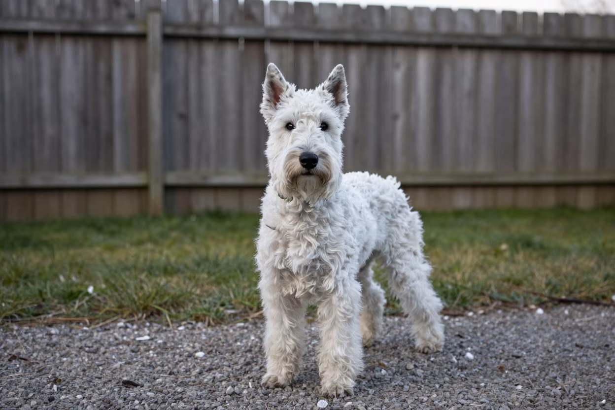 Porcelaine Dog Portrait in Dundee Yard in in a small yard with clipped grass, calm light, and the animal centered in frame near Dundee