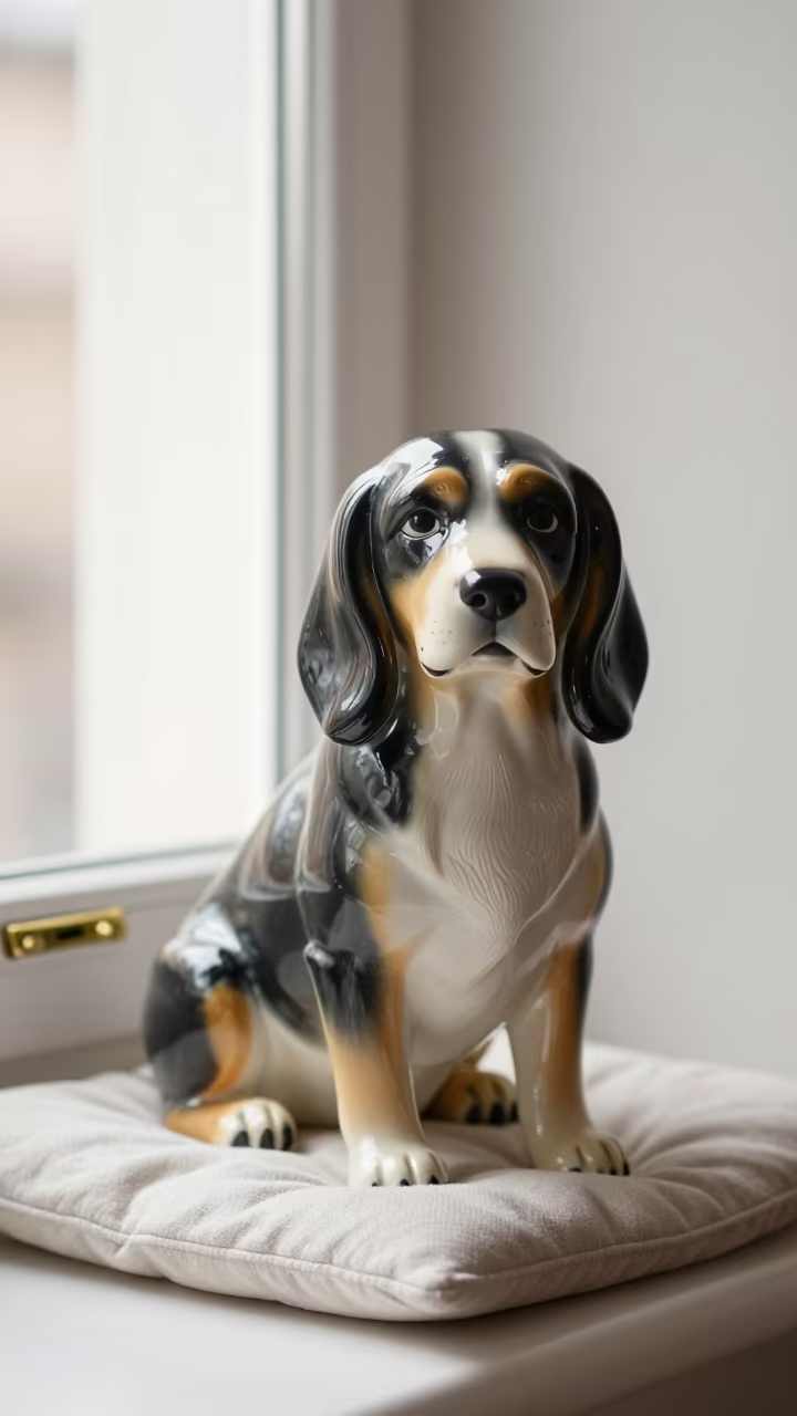 Porcelaine Dog Portrait on Window Seat in on a cushioned window seat with soft side light and an uncluttered background in Nis