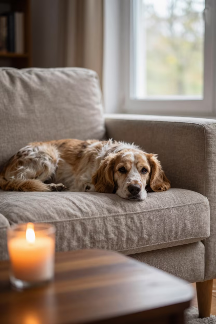 Porcelaine Dog Resting on Linen Sofa in Warm Light in on a linen sofa with daylight from a nearby window near Seeb