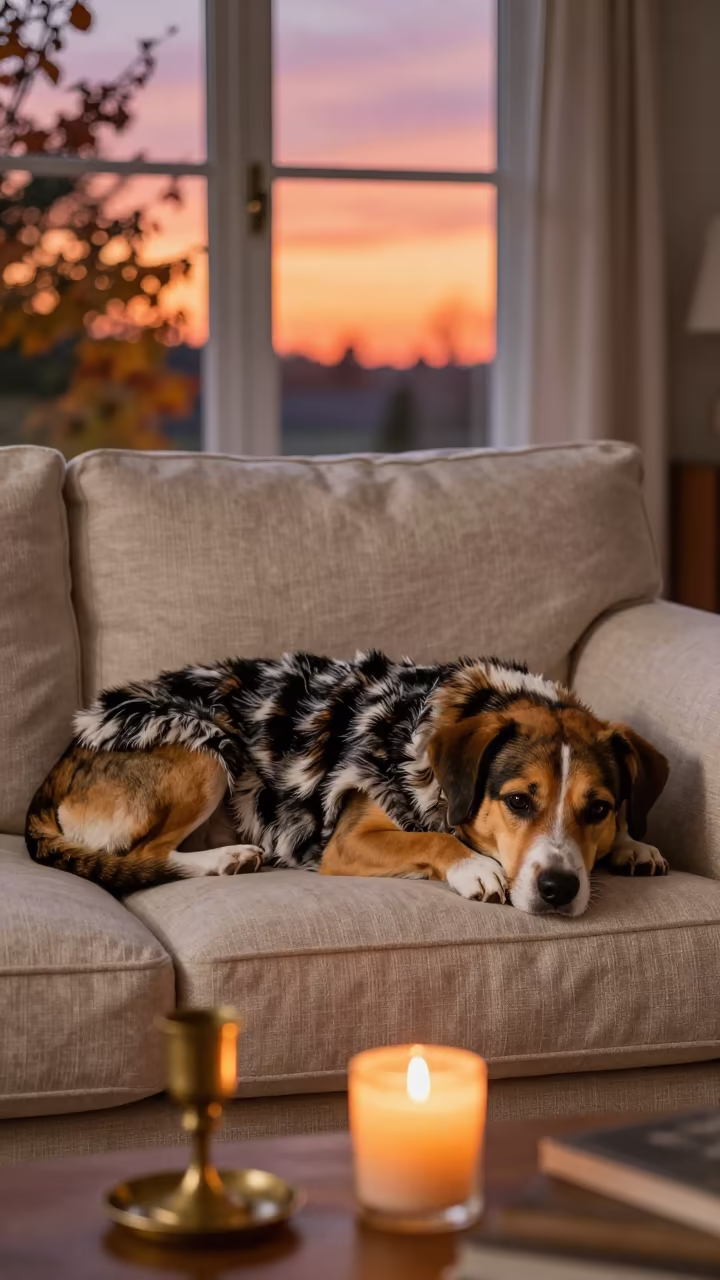 Porcelaine Dog Resting on Linen Sofa in on a linen sofa with daylight from a nearby window in Saskatoon