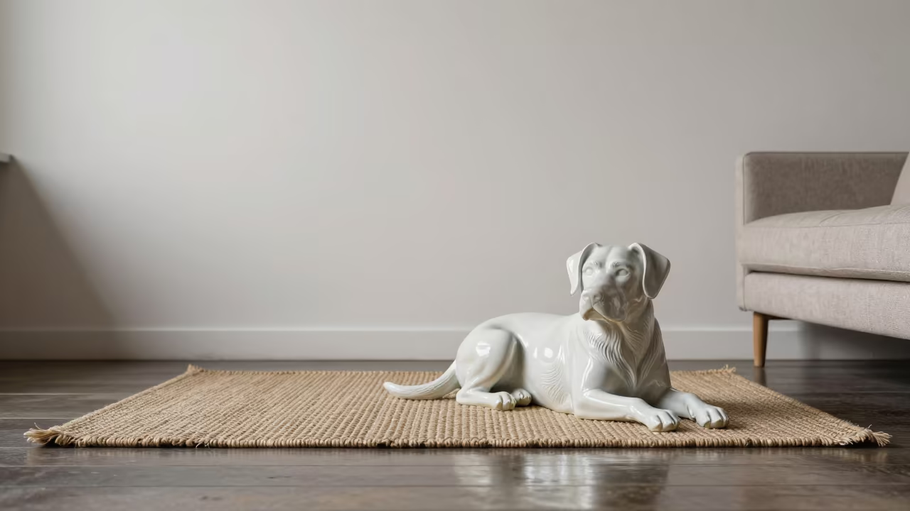 Porcelaine Dog Resting on Rug Before Dawn in on a woven rug beside a low couch and an uncluttered wall in Division, Portland
