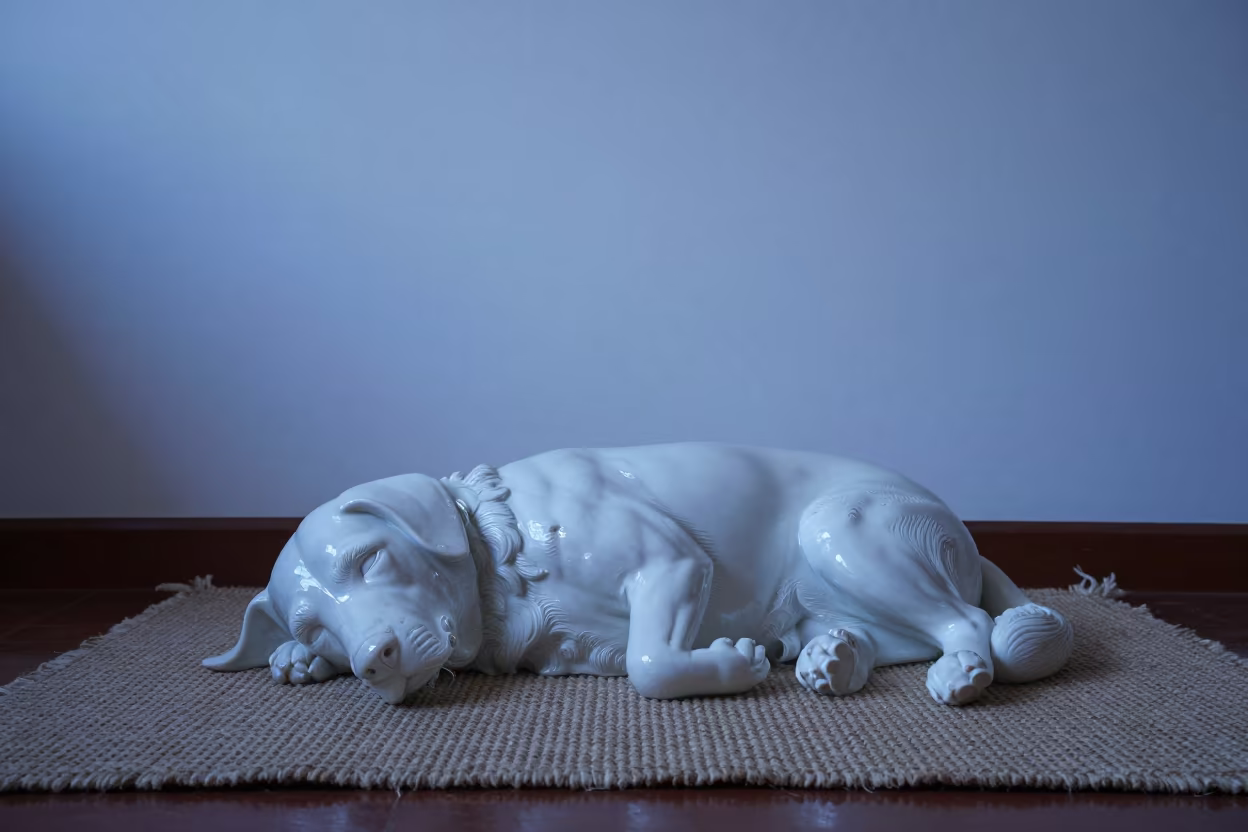 Porcelaine Dog Resting on Rug Near Couch in on a woven rug beside a low couch and an uncluttered wall near León de Los Aldama