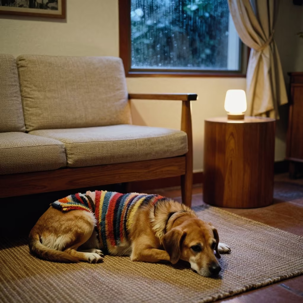 Porcelaine Dog Resting on Woven Rug in Mazatlan in on a woven rug beside a low couch and an uncluttered wall in Mazatlan