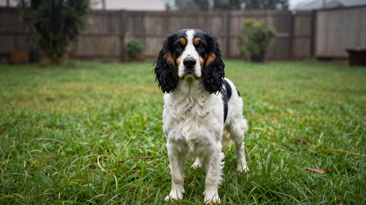 Porcelaine Hound Portrait in Lilongwe Rain in in a small yard with clipped grass, calm light, and the animal centered in frame near Lilongwe