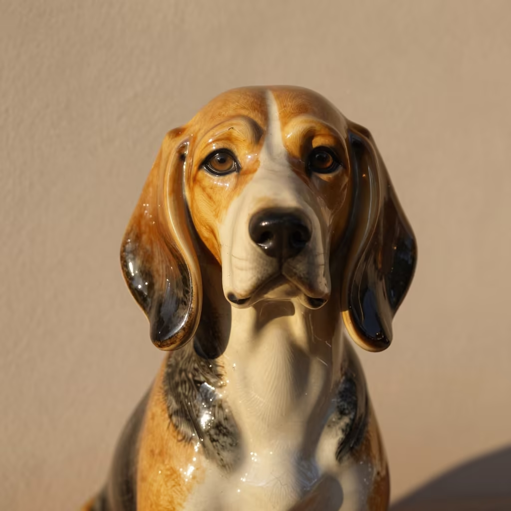 Porcelaine Hound Portrait in Soft Indoor Light in beside a plain plaster wall in soft indoor light with the animal centered in frame near Amman