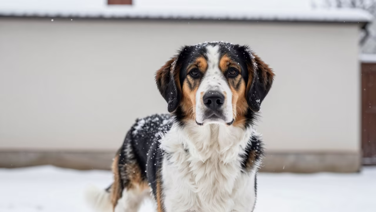 Porcelaine Hound Portrait in Winter Snow in beside a plain courtyard wall in clear daylight with the animal at eye level near Rybnik