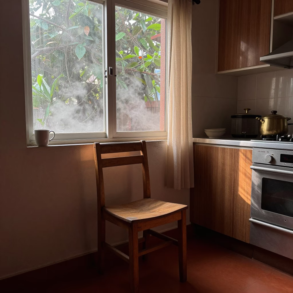 Porch Chair by Steamy Window at Dawn in Bangalore in in a cozy kitchen in Bangalore