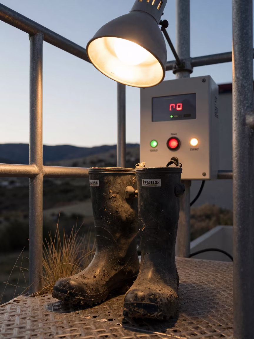 Porch Lamp Burns Above Muddy Research Boots in on a wind-scoured research platform in Spain