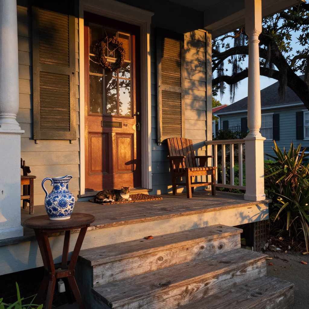 Porch Scene in Charleston at Golden Hour in in Charleston, South Carolina, United States