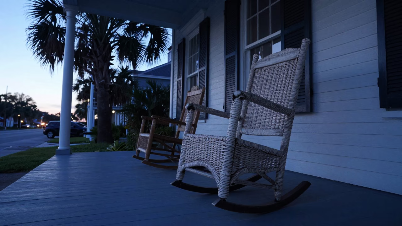 Porch Scene in Charleston at The Still Hours Before Dawn Light in in Charleston, South Carolina, United States