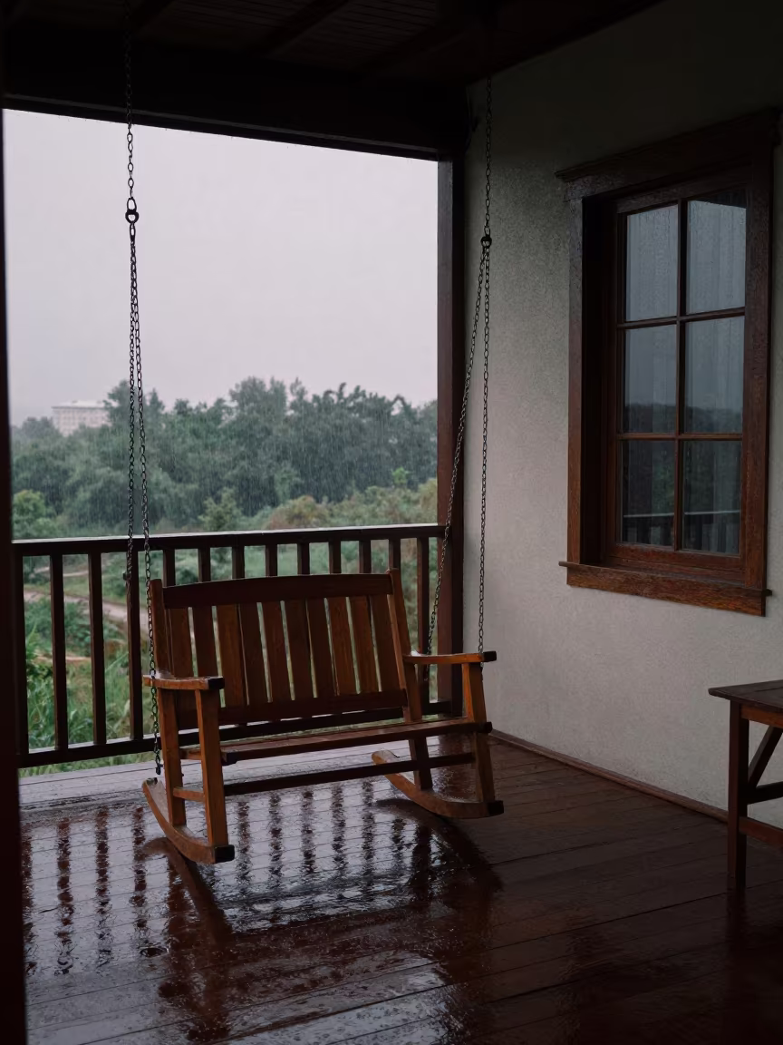Porch Swing North Window Monsoon Evening in on a porch with a rocking chair in Pyongyang