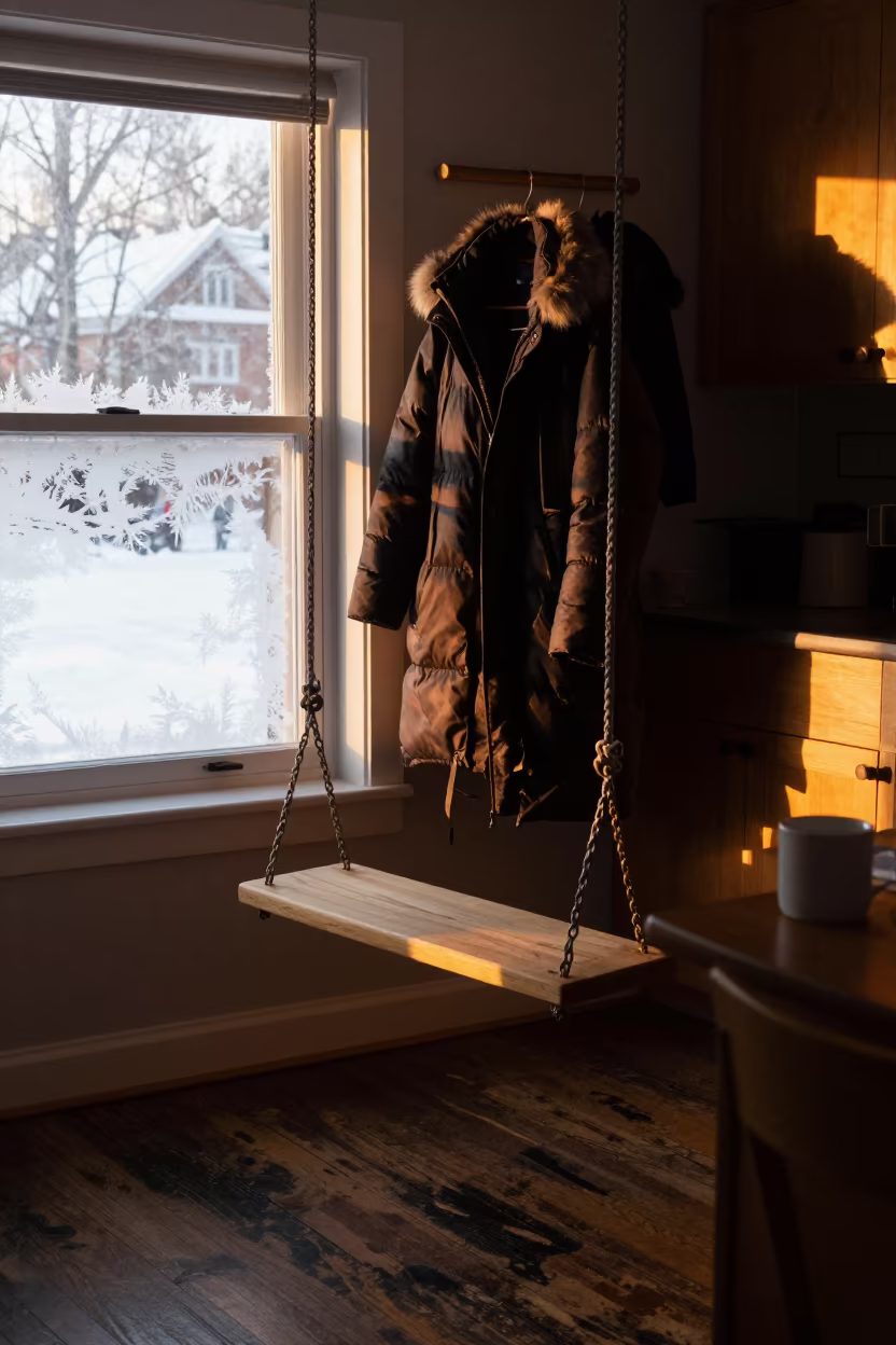Porch Swing in Winter Kitchen Quebec City in in a cozy kitchen in Quebec City