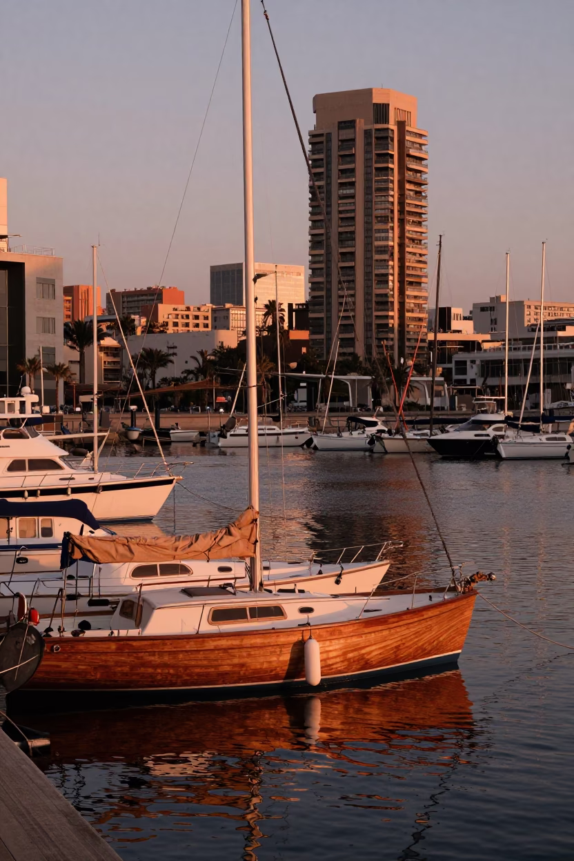 Port Boatyard in Barcelona at Copper-toned Light Before Dusk in in Barcelona, Spain