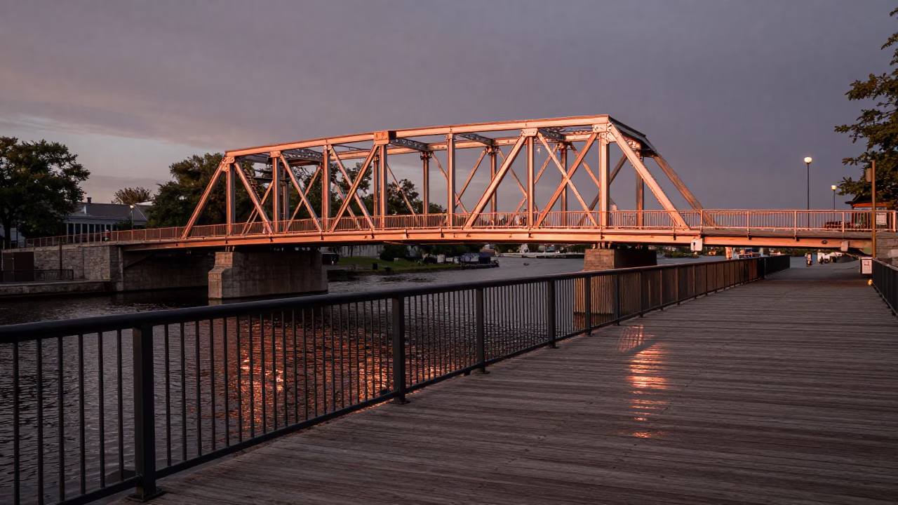 Port Drawbridge in Montreal at Copper-toned Light Before Dusk in in Montreal, Quebec, Canada