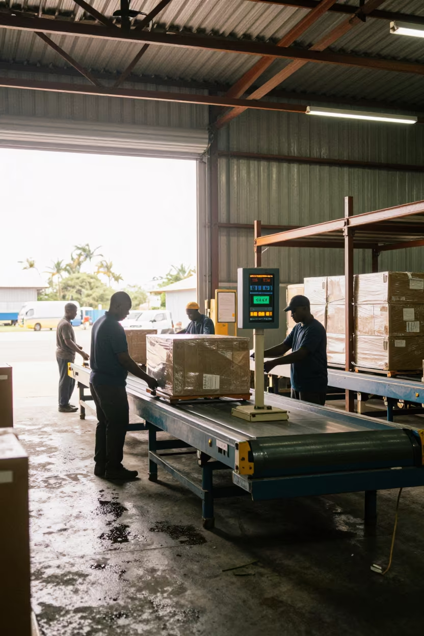 Port-Gentil Freight Station Noon Light in inside a warehouse aisle near Port-Gentil