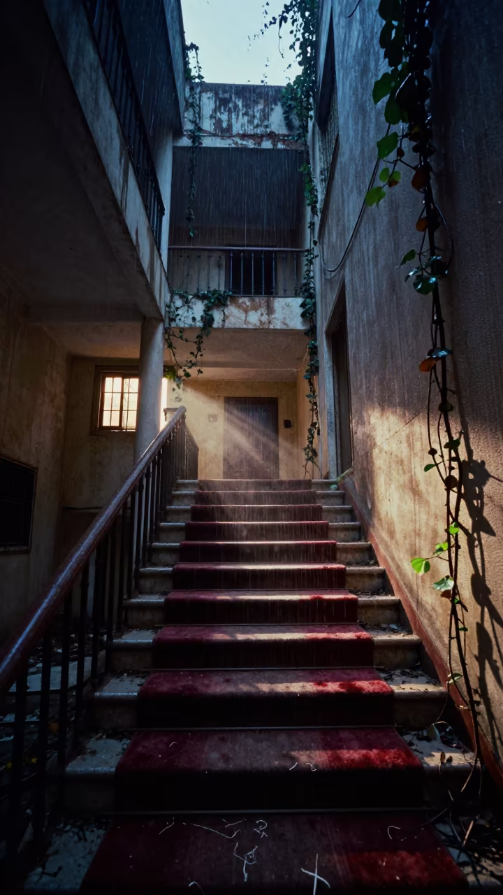 Port Said Hotel Staircase Velvet Carpet Ruin in along a vine-choked corridor in Port Said