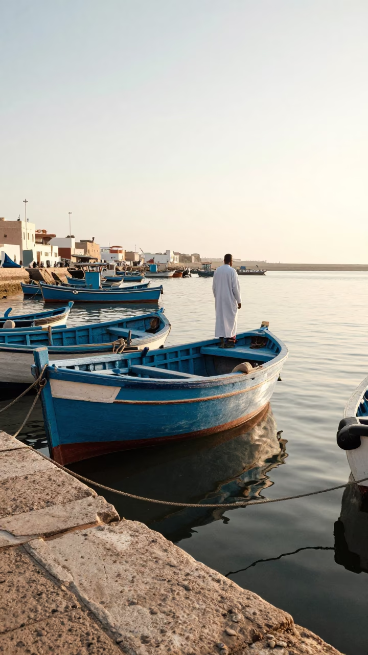 Port Scene just after sunrise in Essaouira in in Essaouira, Morocco