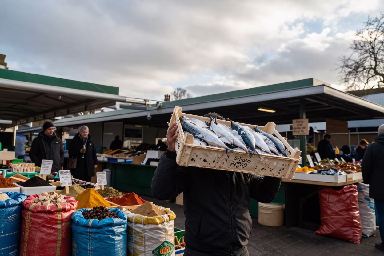 Porter Carries Iced Mackerel Over Spice Stall in at a spice vendor's table in London