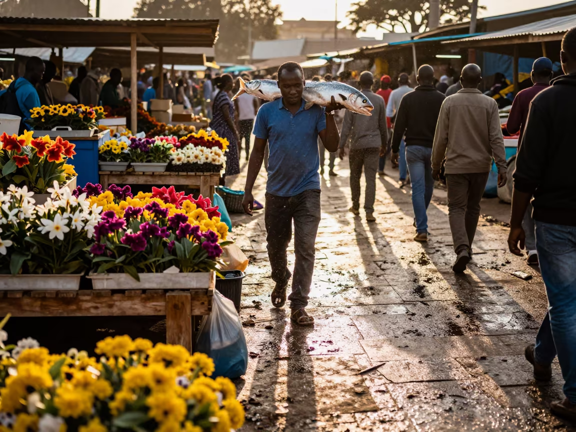 Porter Carries Silver Fish Through Meltwater at Flower Auction in at a flower auction bench in Ondjiva