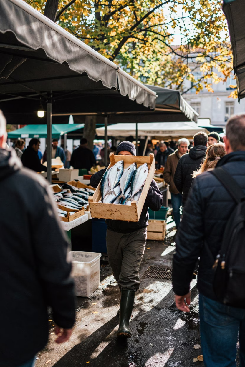 Porter Carrying Mackerel Crate in Budapest Market in under a market canopy in Budapest