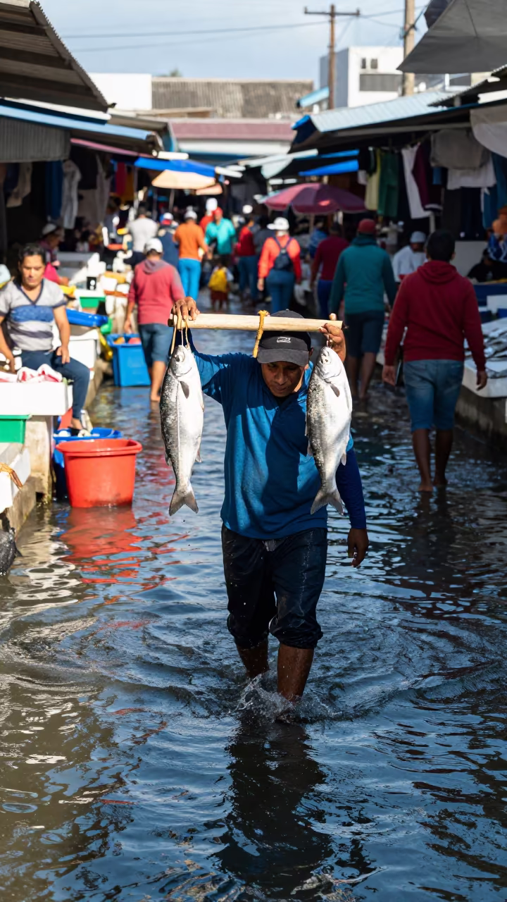 Porter Carrying Silver Fish Through Meltwater in in a covered bazaar aisle in San Salvador