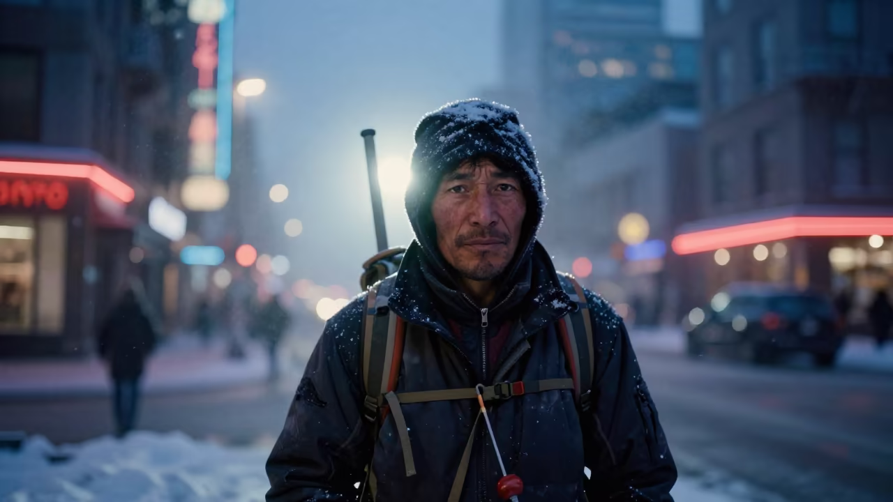 Porter Face in Predawn Vancouver Mist in in Main Street, Vancouver