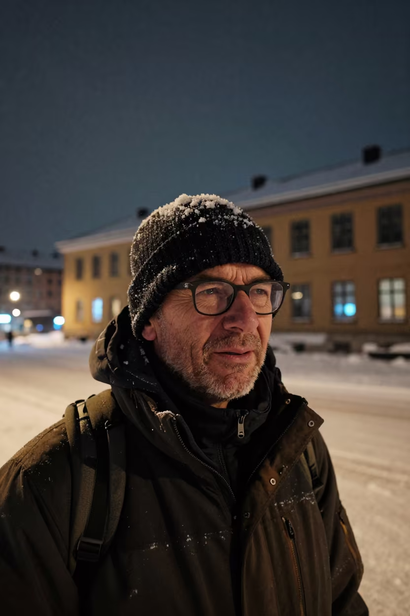 Porter Squinting Under Neon Night Snow Oslo in in the old quarter in Oslo