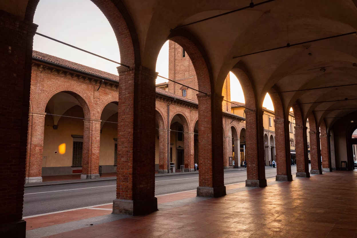 Porticoes And Historic Brick Towers From Street Level in Bologna in in Bologna, Italy