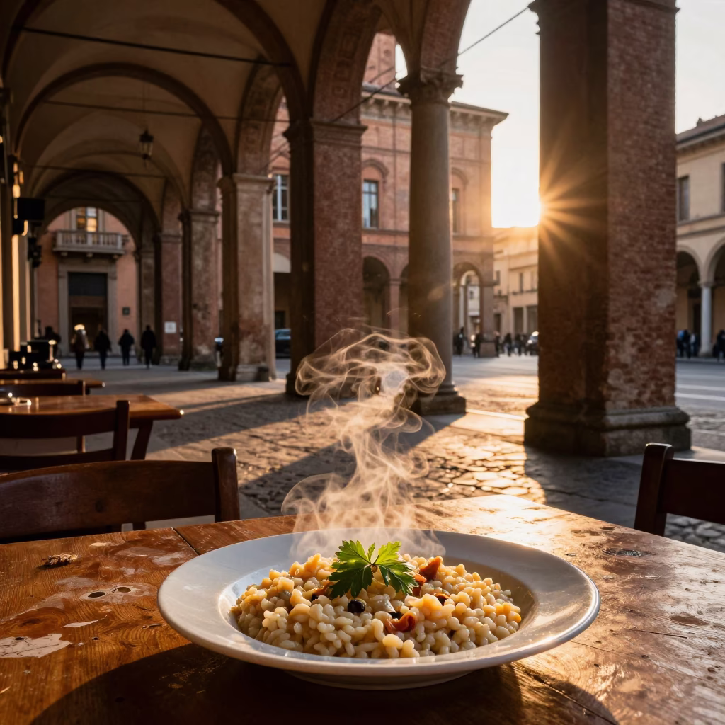 Porticoes And Traditional Risotto Plate in Bologna at Sunset Light in in Bologna, Italy