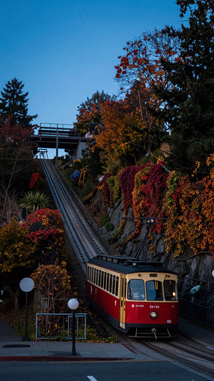 Portland Blue Hour Street Scene with Funicular and Autumn Vines in in Portland, Oregon, United States