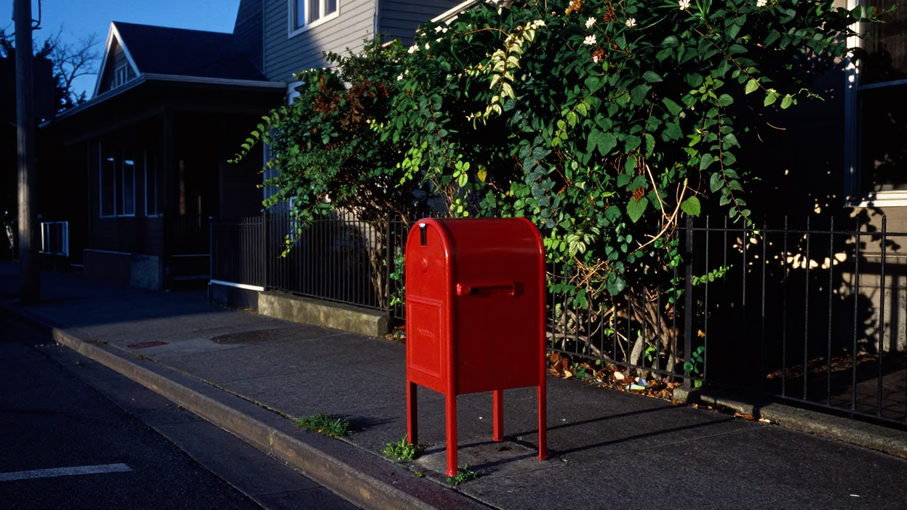 Portland Blue Hour Street Scene with Mailbox and Vine Covered Fence in in Portland, Oregon, United States