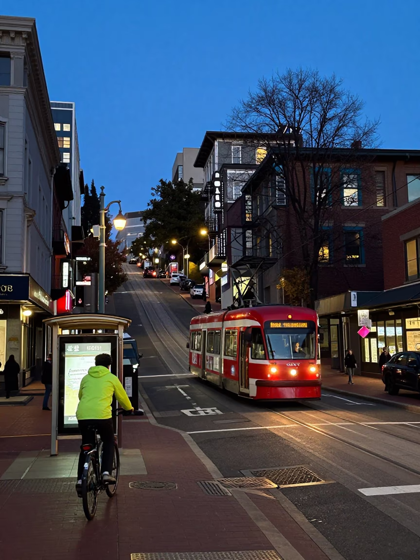 Portland Blue Hour Street Scene with Tram and Urban Details in in Portland, Oregon, United States