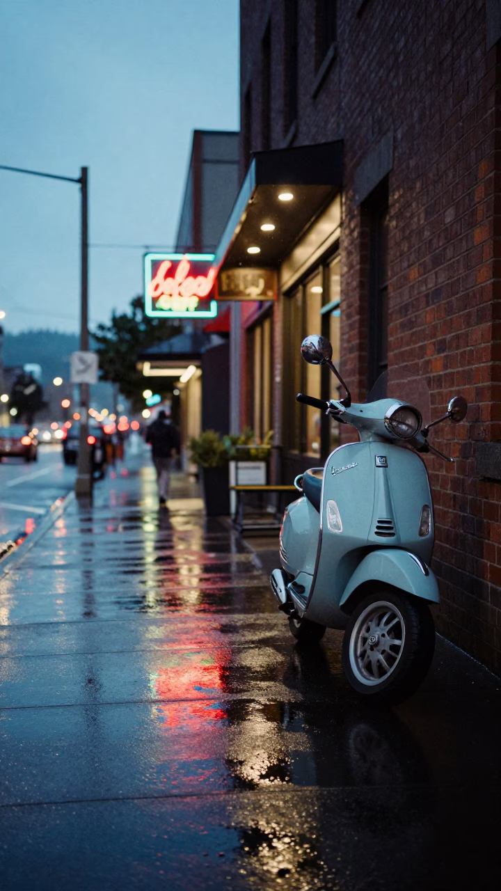 Portland Blue Hour Street Scene with Vespa Reflection and Rain in in Portland, Oregon, United States