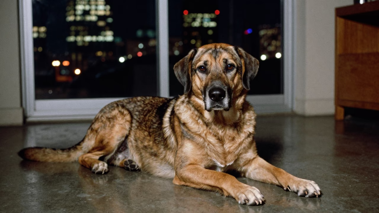 Portland Leopard Dog at As City Lights Begin To Glow in in Portland, Oregon, United States