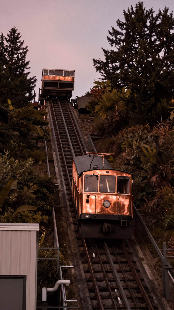Portland Oregon 1950s Funicular Railway Climbing Hill Before Dusk Copper Light in in Portland, Oregon, United States
