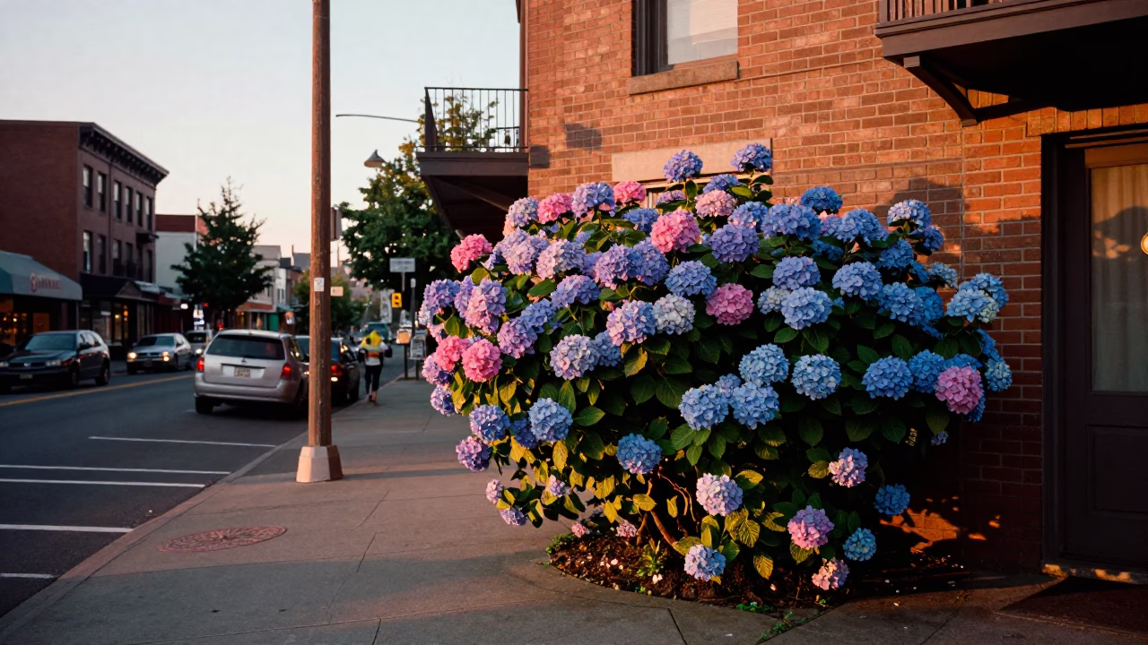 Portland Oregon 1970s Evening Hydrangea Bush and Urban Street Scene in in Portland, Oregon, United States