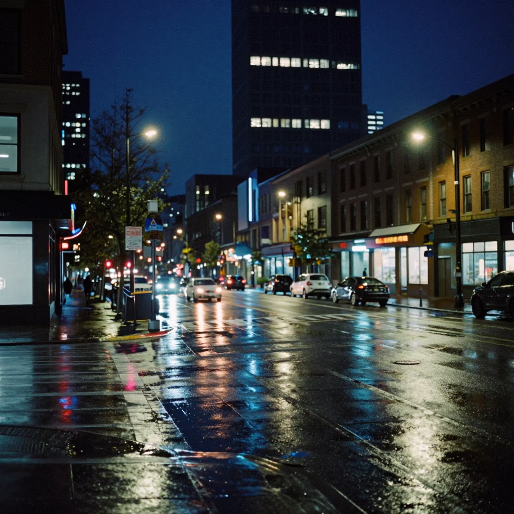 Portland Oregon After Dark Mixed City Light Urban Street Scene in in Portland, Oregon, United States