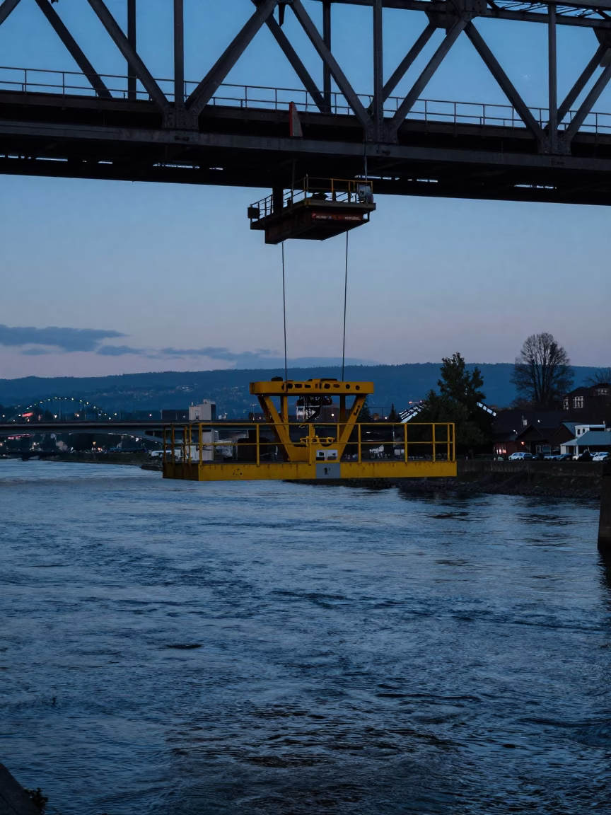 Portland Oregon Blue Hour Bridge Maintenance Cradle Over Willamette River in in Portland, Oregon, United States