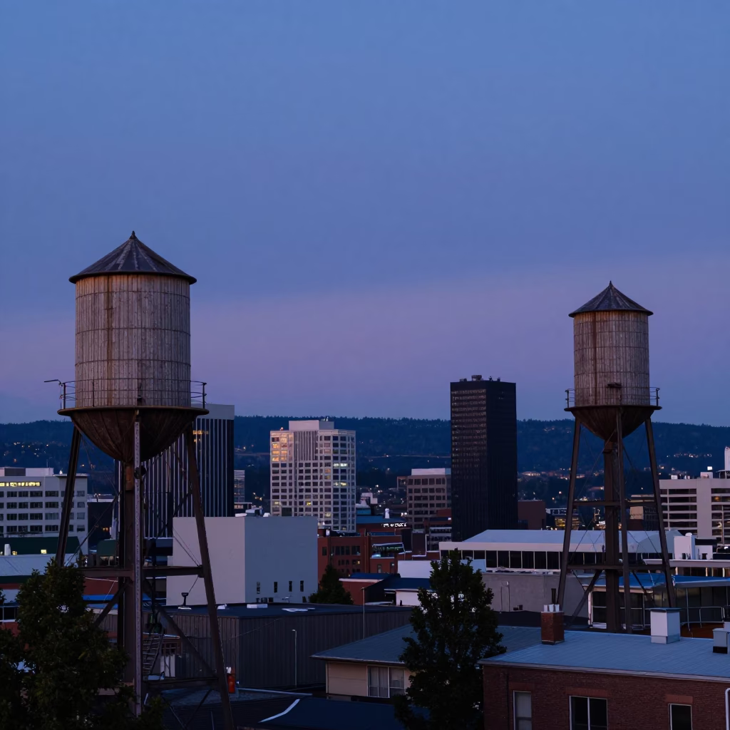 Portland Oregon Blue Hour Cityscape with Water Tower and Industrial Infrastructure in in Portland, Oregon, United States