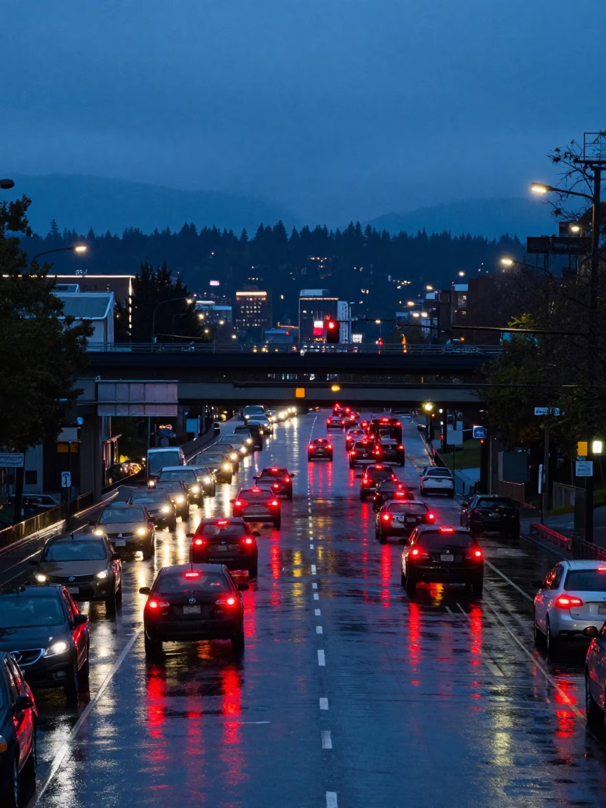 Portland Oregon Blue Hour Overpass Interchange Rain Reflections and Taillights in in Portland, Oregon, United States