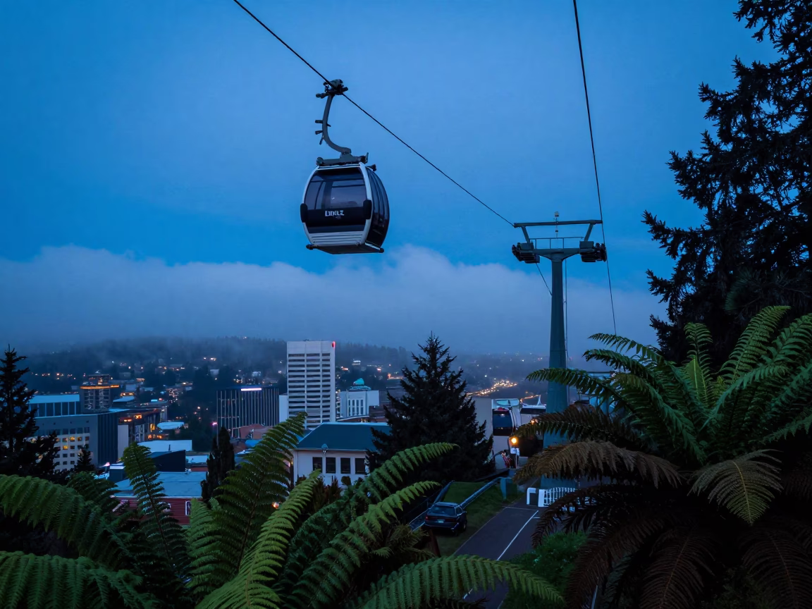 Portland Oregon Blue Hour Street Scene with Aerial Tramway Gondola and Ferns in in Portland, Oregon, United States