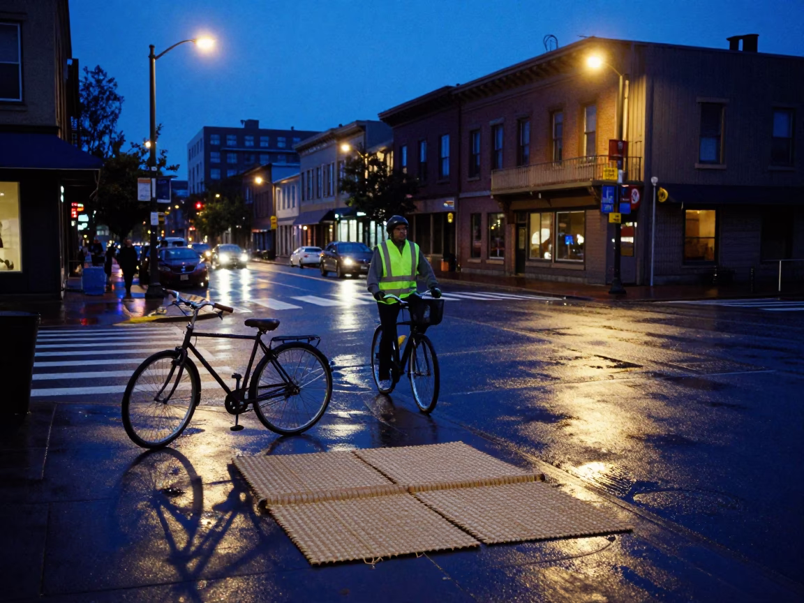 Portland Oregon Blue Hour Street Scene with Bicycle and Woven Mats in in Portland, Oregon, United States