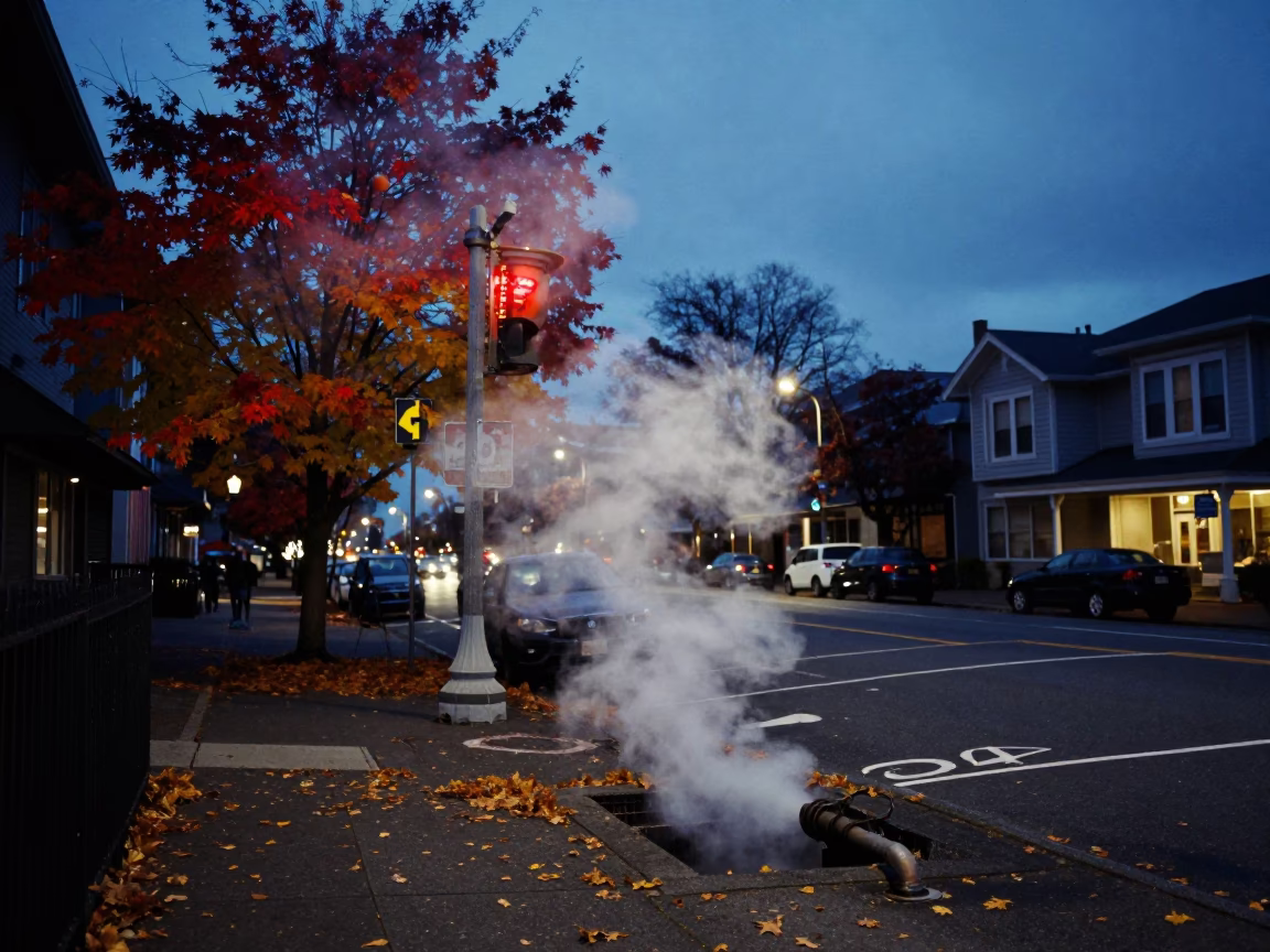 Portland Oregon Blue Hour Street Scene with Japanese Maple and Steam in in Portland, Oregon, United States