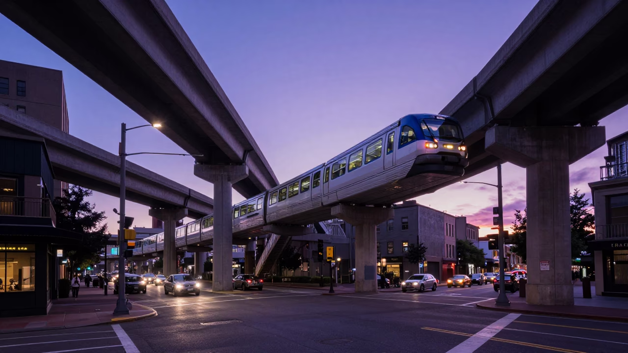 Portland Oregon Blue Hour Street Scene With Monorail and Urban Overpass Interchange Ramp in in Portland, Oregon, United States