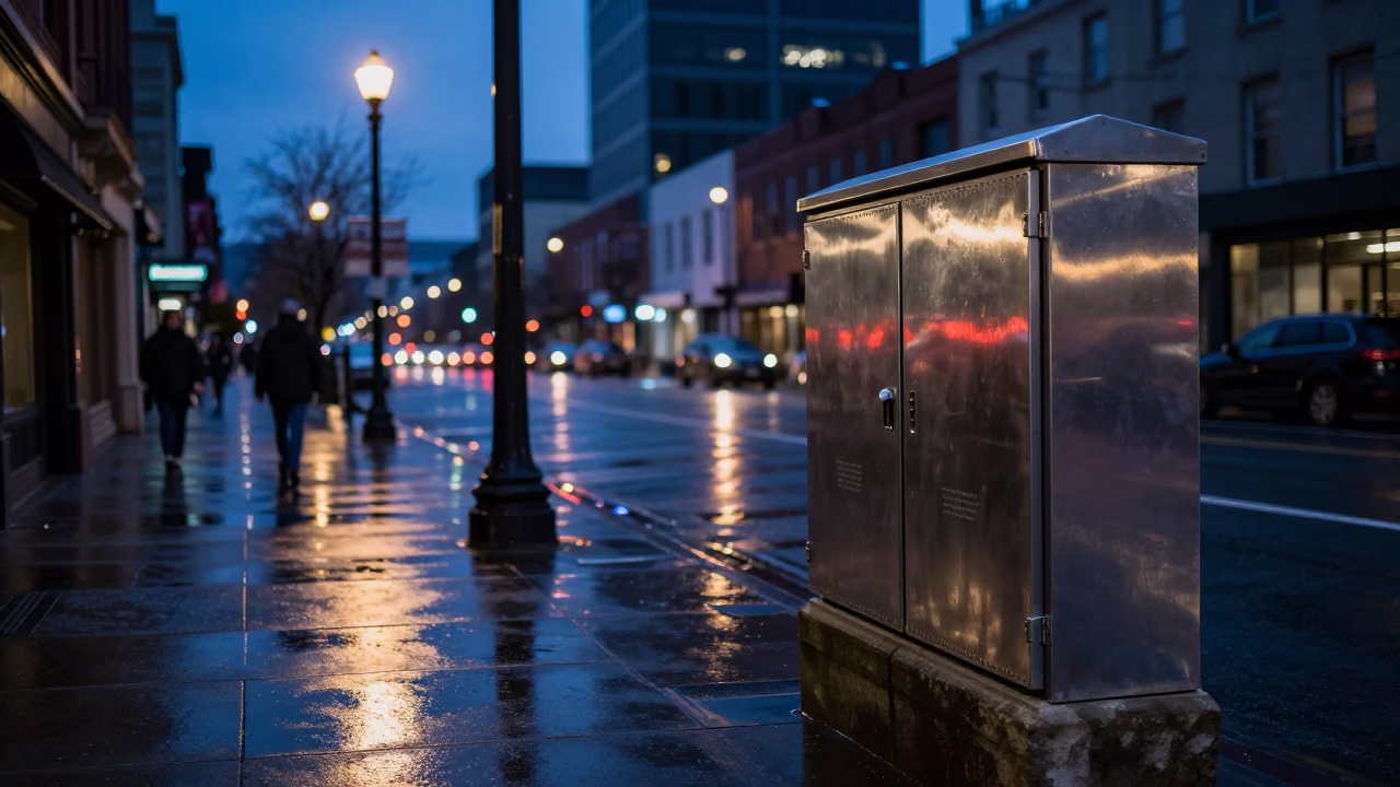 Portland Oregon Blue Hour Street Scene with Reflections and Urban Life in in Portland, Oregon, United States