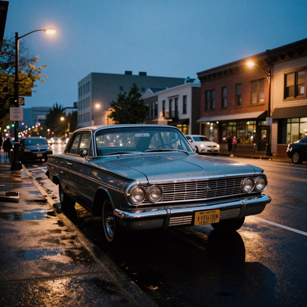 Portland Oregon Blue Hour Street Scene with Vintage 1960s Automobile and Urban Architecture in in Portland, Oregon, United States