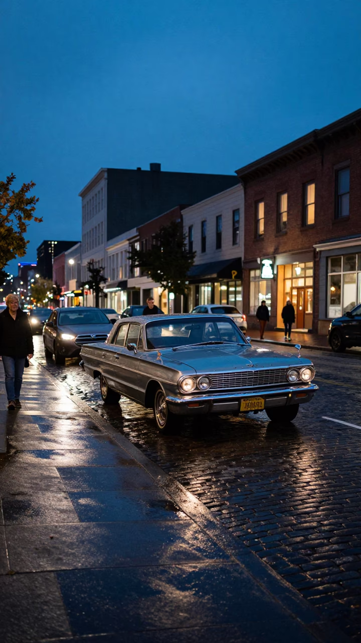 Portland Oregon Blue Hour Street Scene with Vintage Cars and City Lights in in Portland, Oregon, United States