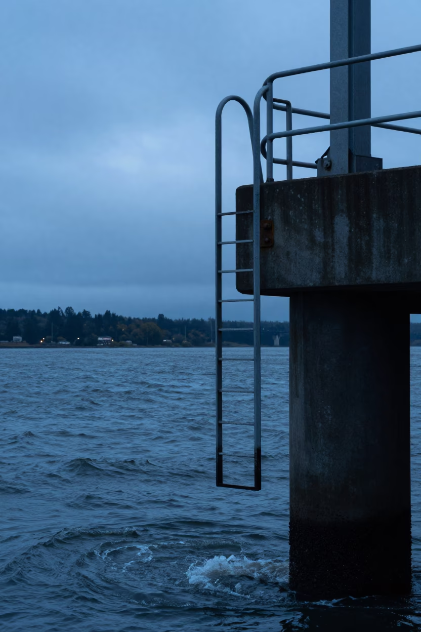 Portland Oregon Bridge Pier Inspection Ladder Above Choppy Estuary Water Before Dawn in in Portland, Oregon, United States