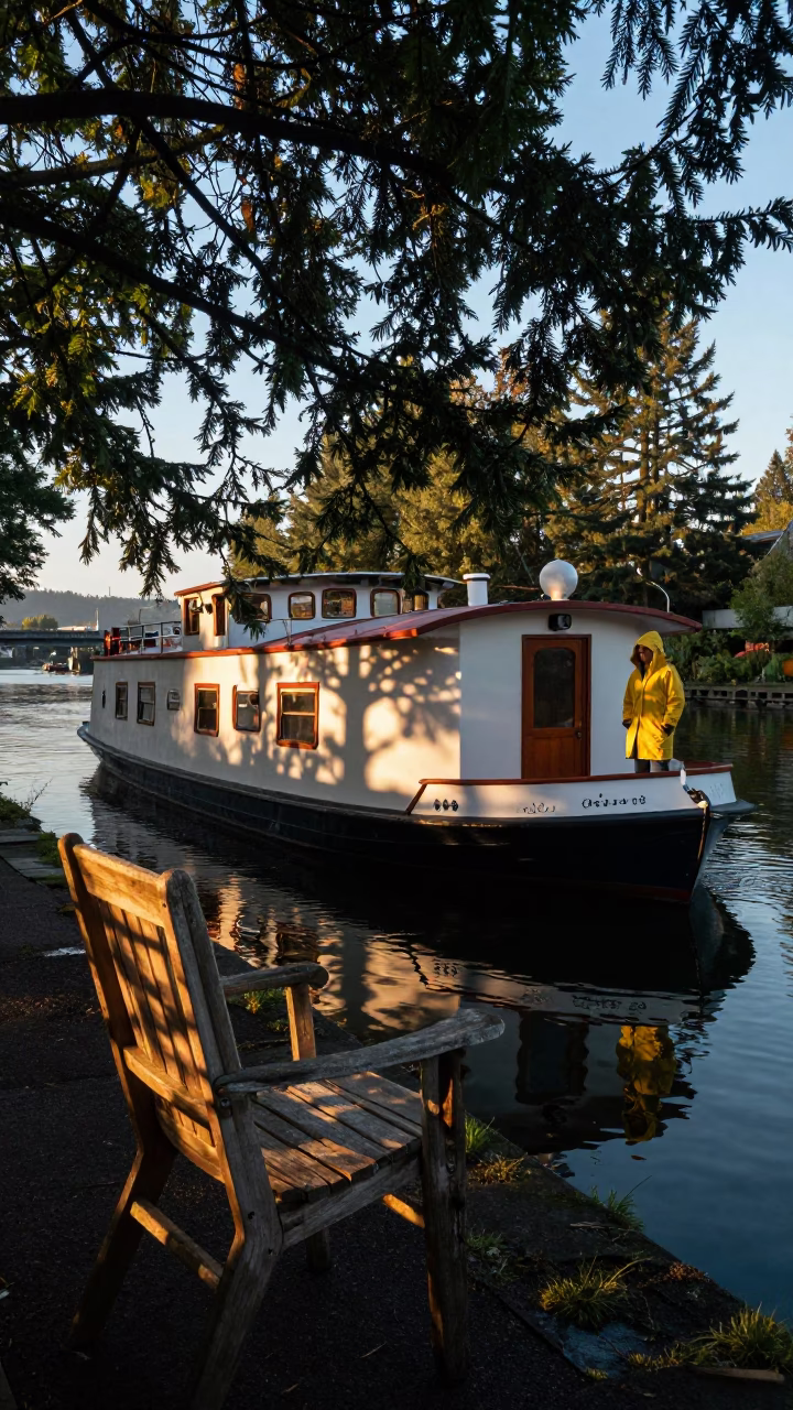 Portland Oregon Canal Houseboat Life Before Dawn with Water Taxi and Leaf Shadows in in Portland, Oregon, United States